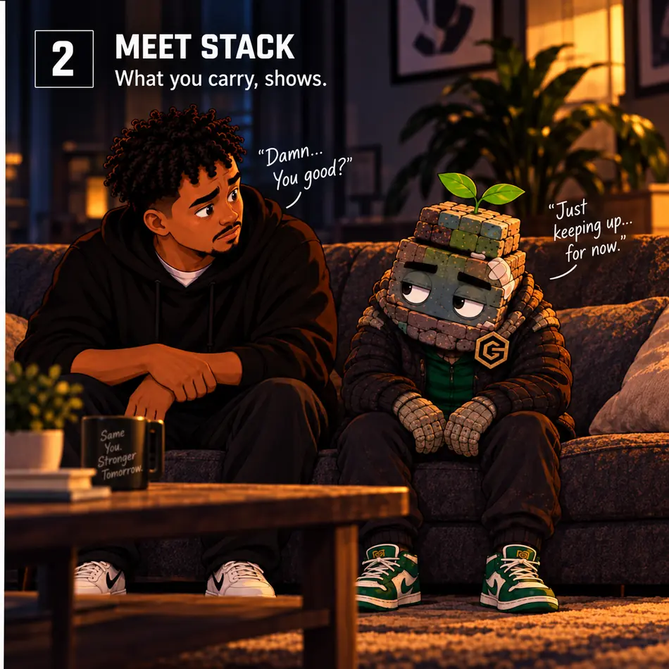 Micah sitting beside Stack in the Groundwork story universe, illustrating the weight of what a person carries financially.